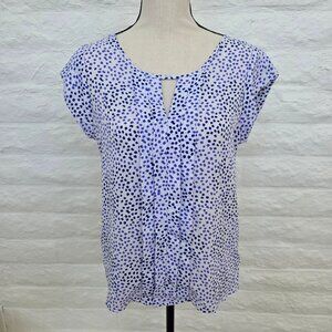 Express Top Womens Small White Blue Cap Sleeve Blouse Animal Print Dot Keyhole